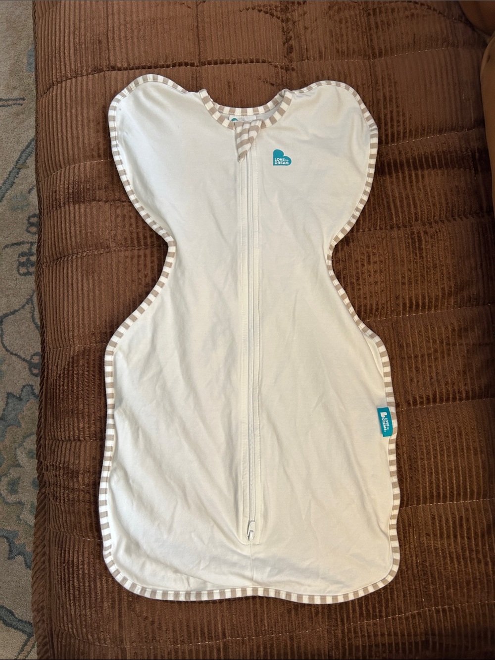 NWOT Love to Dream White Swaddle Up Sleepsack with Taupe Stripe Trim
